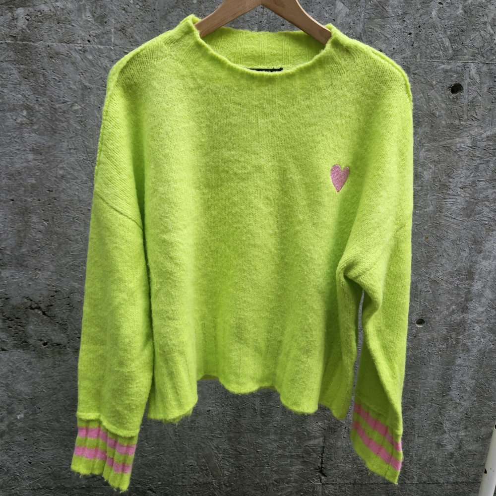 Lyla & Luxe Neon Green Sweater with Pink Heart